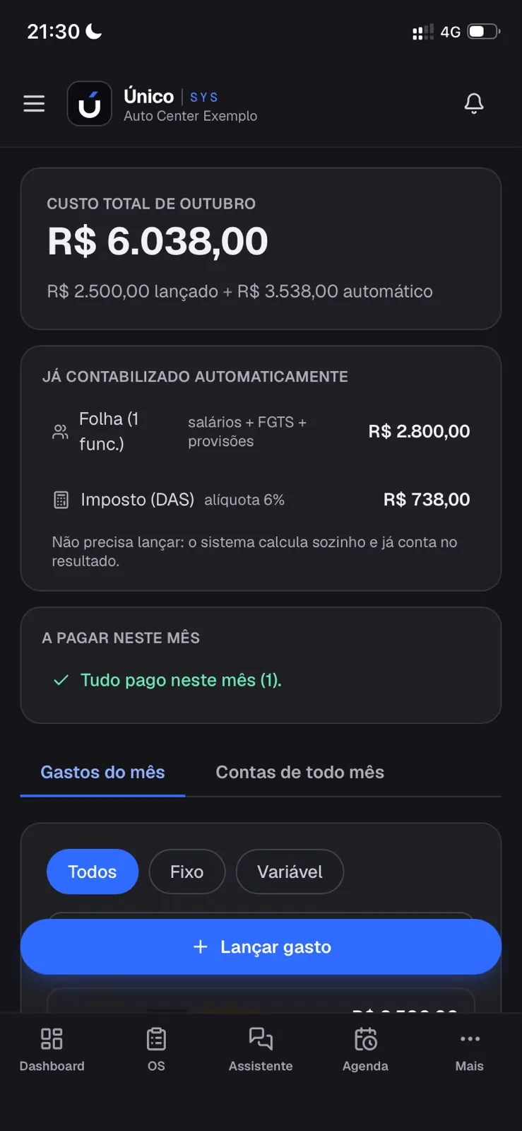 Custos do mês com folha e imposto lançados automaticamente